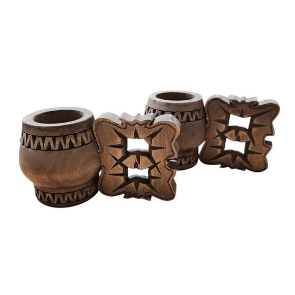 Vintage Wooden Mugs Set of 2 Arta Bucuresti 70s Large Handle Wood - Picture 1 of 10